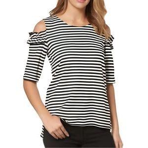 HALOGEN Black & White Striped Ruffle Cold Shoulder Tunic Top Shirt Blouse